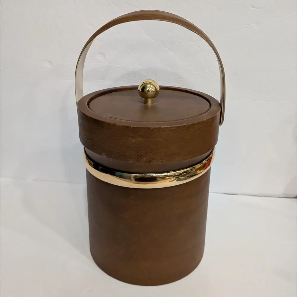 Vintage MCM Brown Faux Leather Ice Bucket Gold Brass Trim Handle Retro Barware